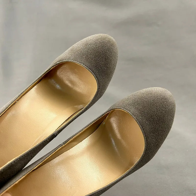Grey Faux Suede Round Toe High Heel Shoes for Women