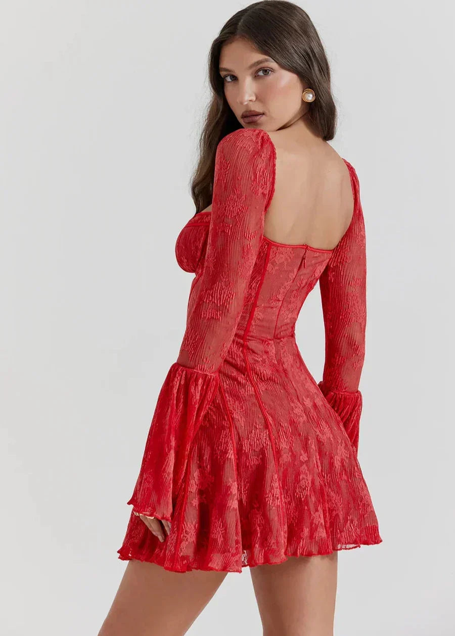 Square Neck Lace Bell Sleeve Tie Front Bustier Fit and Flare Mini Dress