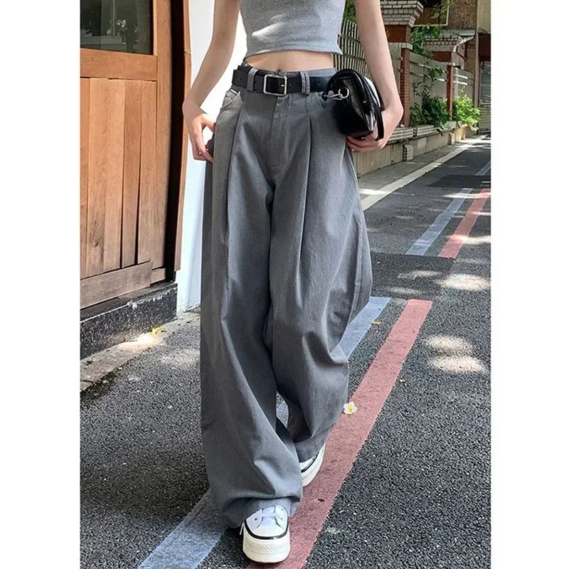 Gray Vintage Suit Pants for Women Oversized Elegant Korean Fashion Slack Classic Trousers Office Ladies Palazzo Loose