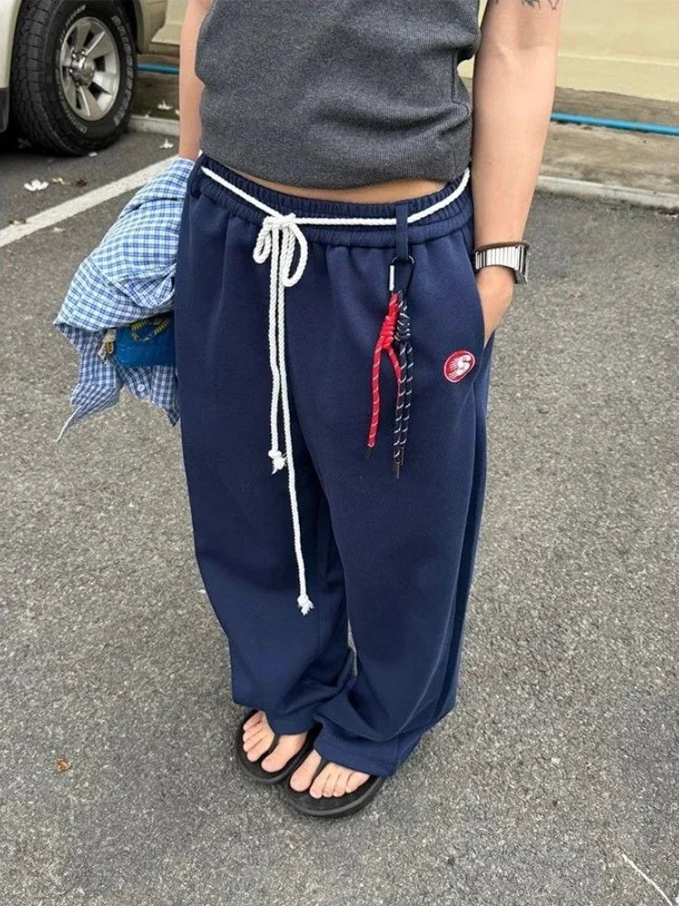Y2k Kpop Oversized Sweatpants Women Vintage Wdie Leg Trousers with Belt Gyaru Streetwear Korean Fashion Baggy Joggers