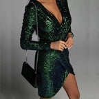 Sequin Deep V-Neck Long Sleeve Wrap Ruched Tulip Hem Mini Dress