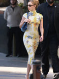 Mock Neck Cap Sleeve Abstract Watercolor Print Bodycon Midi Dress