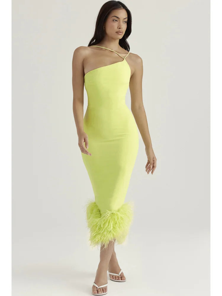 One Shoulder Spaghetti Strap Feather Trim Hem Bodycon Midi Dress