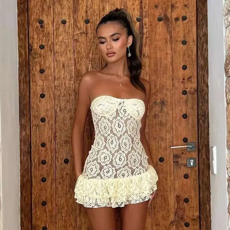 Floral Lace Strapless Sweetheart Neck Tiered Ruffle Hem Bodycon Mini Dress