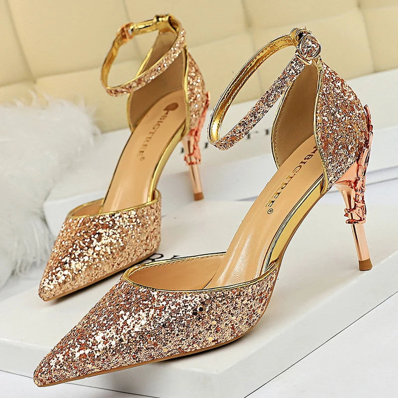 Sequin Wedding Pumps with Metal Decoration - 7.5cm Stilettos