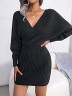 Rib Knit Off-Shoulder Surplice Dolman Sleeve Bodycon Mini Dress