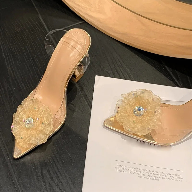 Crystal Flower Designer Women Pumps with Transparent High Heels