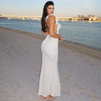 Textured Ruffle Strap Deep V-Neck Cut Out Bodycon Maxi Dress
