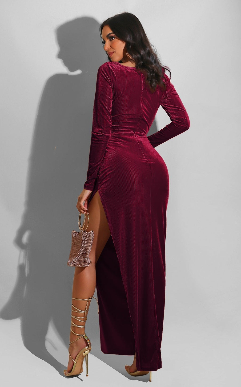 Square Neck Ruched Waist High Slit Long Sleeve Maxi Dress