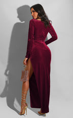 Square Neck Ruched Waist High Slit Long Sleeve Maxi Dress