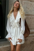 Patchwork Long Sleeve V-Neck Lace-Up Mini Dress