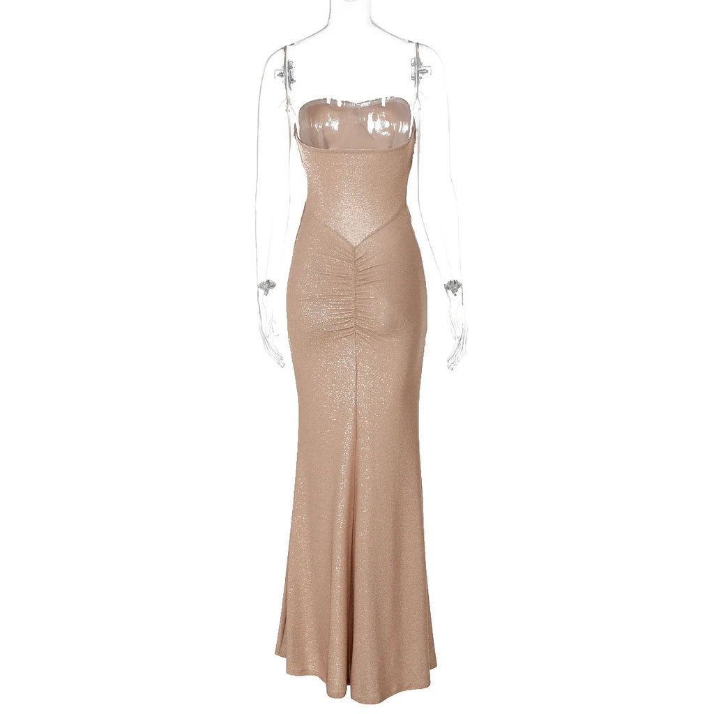 Elegant Strapless Long Maxi Mermaid Dress 2025 Women Sleeveless High Waist Ruched Backless Weddiing Party Evening Prom Dresses