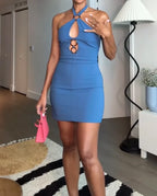 Halter Neck Keyhole Tortoiseshell Ring Bodycon Mini Dress