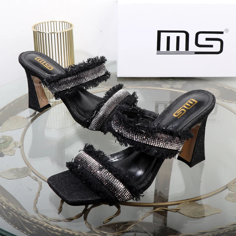 Denim women slippers with new rhinestone plush stiletto heels
