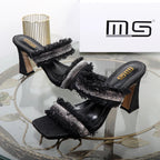 Denim women slippers with new rhinestone plush stiletto heels
