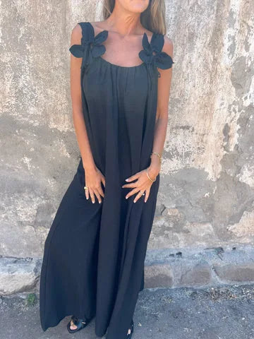 Bow Shoulder Strap Scoop Neck Loose Fit Pocket Maxi Dress