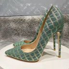 Green Glitter Embossed Crocodile Effect Pointy Toe High Heel Party Dress Shoes for Women