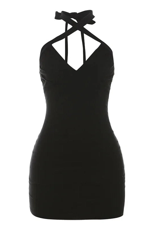 Lace Up Deep V Neck Backless Slim Fit Mini Dress