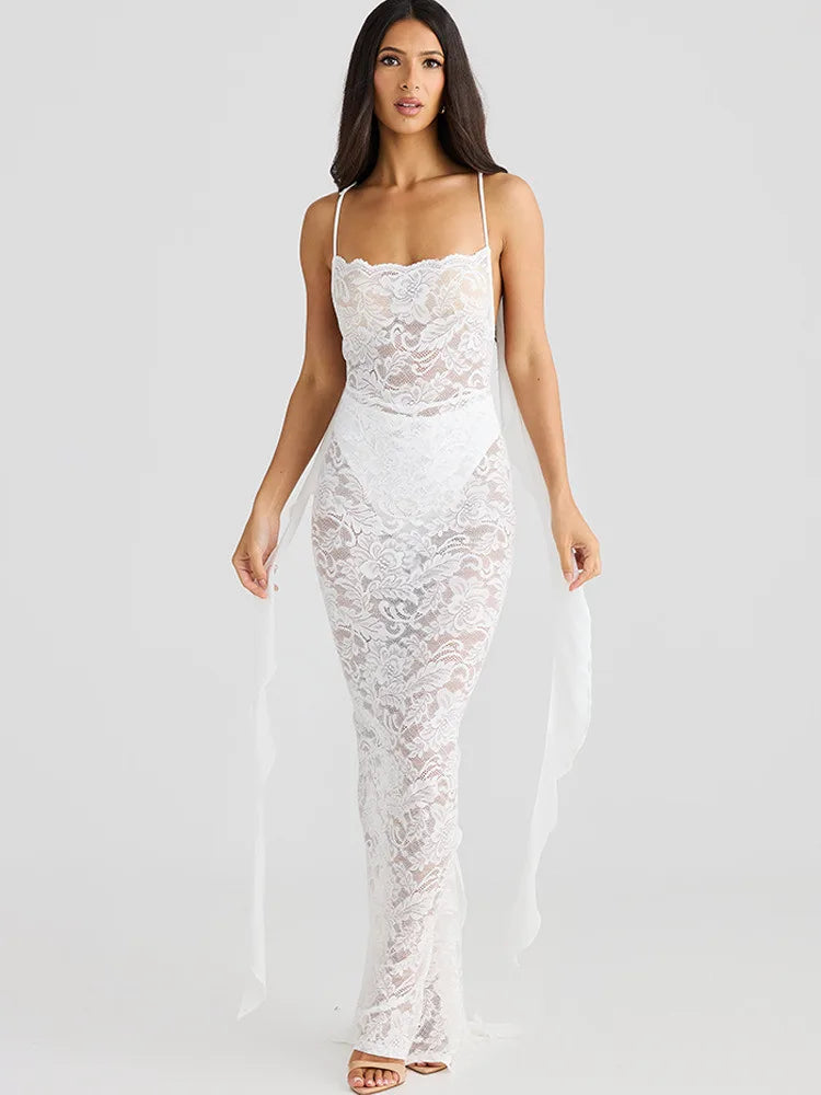 Lace Backless 3D Rosette Ruffle Streamer Midi Dress