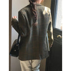 Vintage Wool Blends Coats Women Plaid Woolen Jacket Elegant Commute Blazer Korean Long Sleeve Outerwears Winter Ladies Overcoat