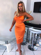 Cowl Neck Spaghetti Strap All Over Ruched Satin Bodycon Midi Dress
