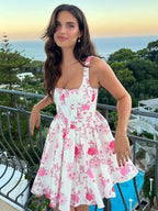 Woman Clothing Sexy Slash Neck Floral Printed Birthday Party Dress Sleeveless High Waist A-line White Short Holiday Dresses 2024