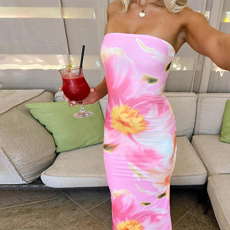 Strapless Tube Floral Print Bodycon Maxi Dress
