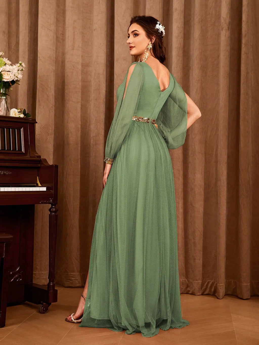 Cold Shoulder Bishop Sleeve Sequin Waist High Slit Chiffon Maxi Gown