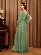 Cold Shoulder Bishop Sleeve Sequin Waist High Slit Chiffon Maxi Gown