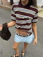 Striped Contrast Short Sleeve T-shirt Women Buttons Turndown Collar Tee Shirt Spring New Streetwear Vintage Chic Top Tees 2025