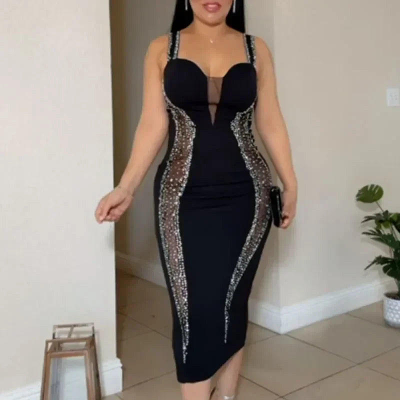 Rhinestone Mesh Illusion Plunging Halter Bodycon Midi Dress