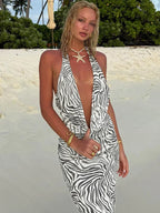 Zebra Print Halter Deep V-Neck Backless Maxi Dress