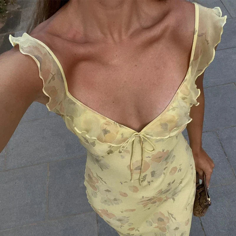 Floral Print Spaghetti Strap V-Neck Slip Maxi Dress