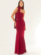 Strapless Pleated Scarf Neck Wrap Mermaid Maxi Gown