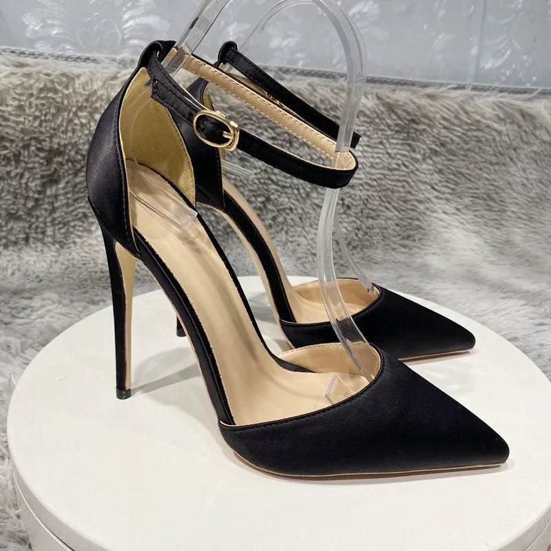 Silk Satin Ankle Strap Pointy Toe High Heel Shoes for Women in Black, Pink, and Green
