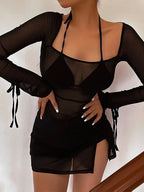 Sheer Mesh Long Sleeve Square Neck High Slit Mini Dress