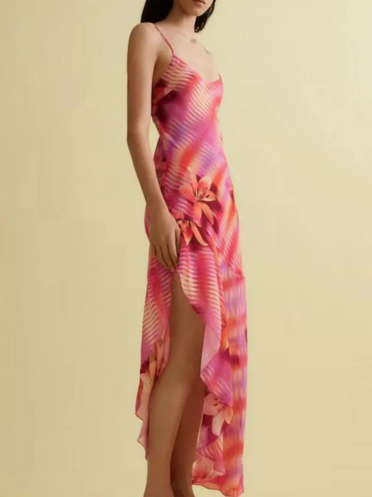 Lily Floral Print Abstract Wave Stripe Spaghetti Strap High Split Maxi Dress