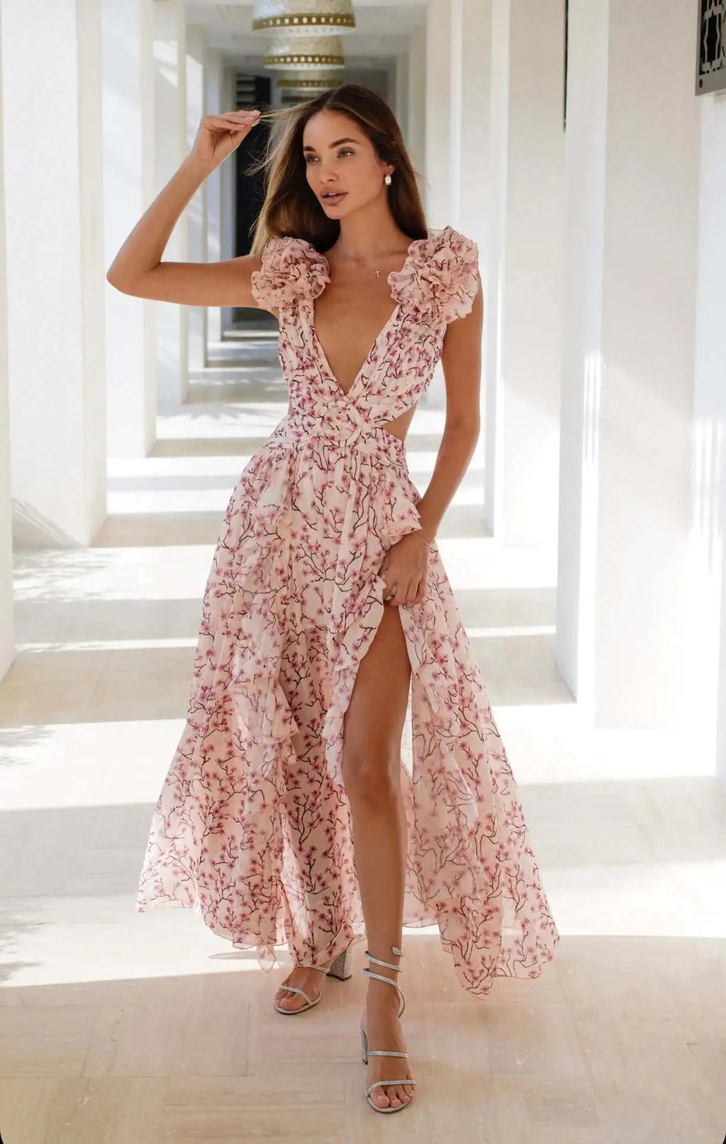 Valentina Floral Dress with Cut Out Ruffle