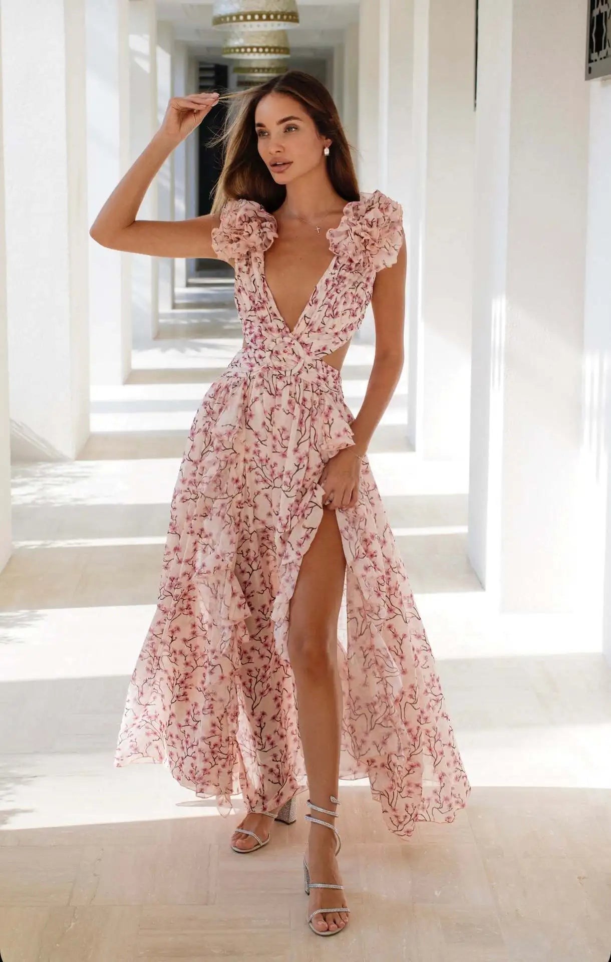 Valentina Floral Dress with Cut Out Ruffle