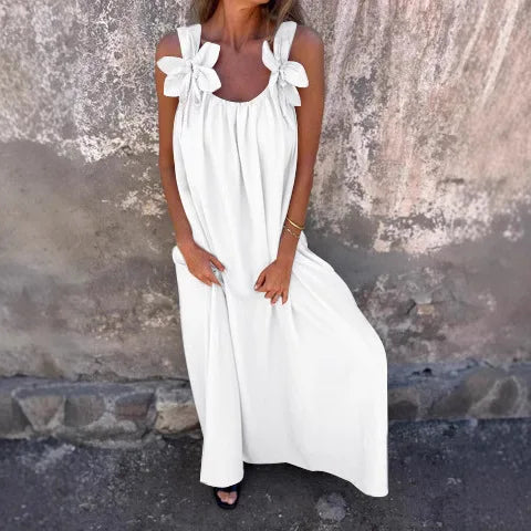 Bow Shoulder Strap Scoop Neck Loose Fit Pocket Maxi Dress