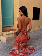 Bandeau Keyhole Cut Out Ring Link Side High Slit Abstract Print Maxi Dress
