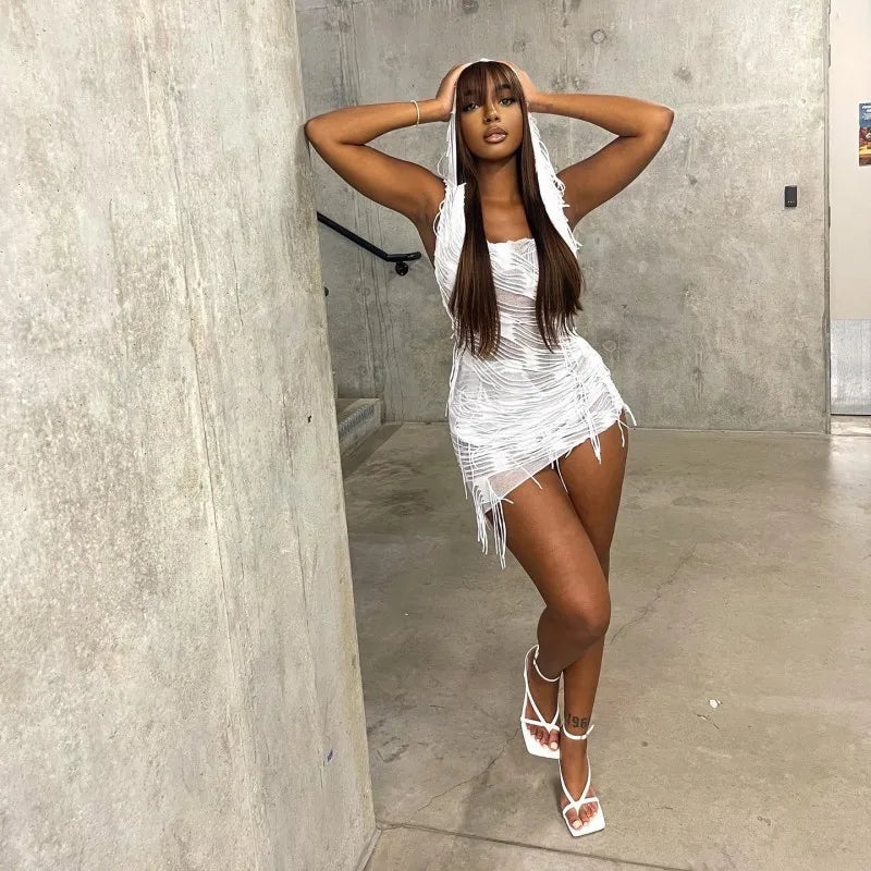 Hooded Distressed Layered Shredded Deep V-Neck Bodycon Mini Dress