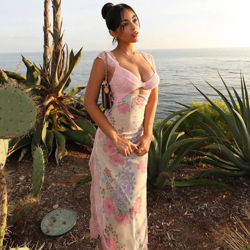 Floral Lace Sweetheart Neck Cut Out Camisole Strap Mesh Scalloped Hem Maxi Dress