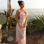 Floral Lace Sweetheart Neck Cut Out Camisole Strap Mesh Scalloped Hem Maxi Dress