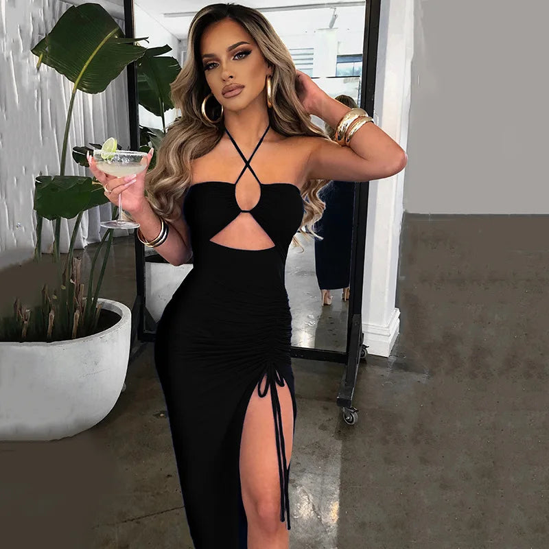 Halterneck Criss Cross Strap Ruched Bust Cut Out Drawstring Side Slit Midi Dress