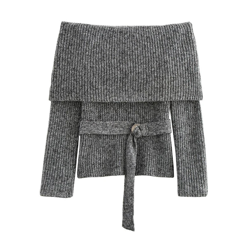 Vintage Off Shoulder Sweater With Belt Women Elegant Knitted Solid Thick Long Sleeve Sweaters Female Winter Chic Street Knitwear