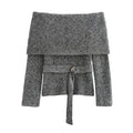 Vintage Off Shoulder Sweater With Belt Women Elegant Knitted Solid Thick Long Sleeve Sweaters Female Winter Chic Street Knitwear
