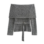 Vintage Off Shoulder Sweater With Belt Women Elegant Knitted Solid Thick Long Sleeve Sweaters Female Winter Chic Street Knitwear