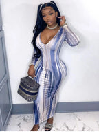 Abstract Brushstroke Print Deep V-Neck Long Sleeve Bodycon Maxi Dress