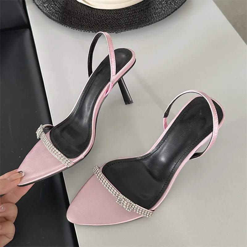 Crystal Buckle Pointed Toe Women Sandals with Ankle Strap and Thin High Heels